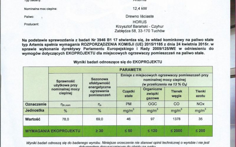 Potwierdzenie badan na Ekoprojekt  wkład typ Artemis