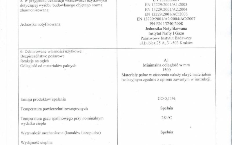 Deklaracja własności użytkowych dla wkladu typ Artemis